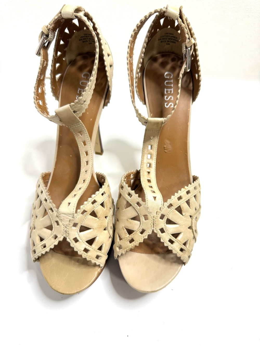 GUESS Women's Cream Laser-Cut Leather T-Strap High Heel Sandals Size 9.5